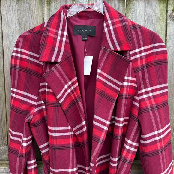 Ann Taylor Factory Trench Coat Jacket Plaid Red NWT Size Large - Picture 3 of 9